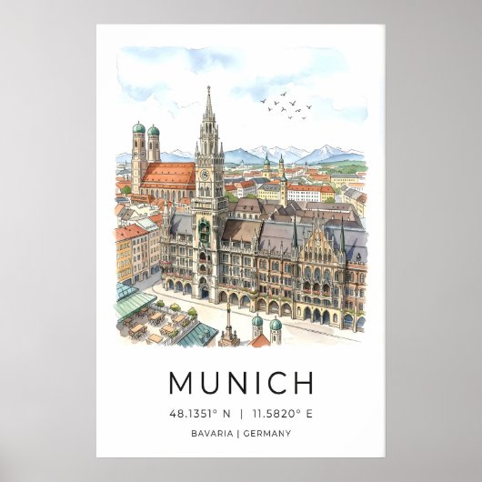 Munich Skyline Wall Art - Hand-Illustrated ポスター (正面)