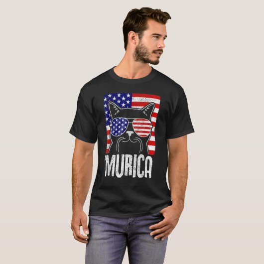 Murica 4th Of July USA Flag Distressed  Cat Tシャツ (正面フル)