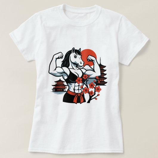 Muscle Horse Lady – Japanese Sakura Art Tシャツ (デザイン正面)