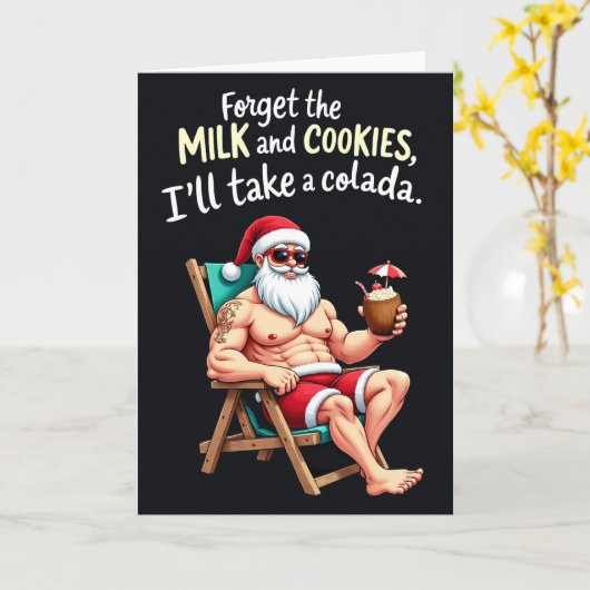 Muscular Santa Colada Funny Tropical Christmas カード (黄色い花)