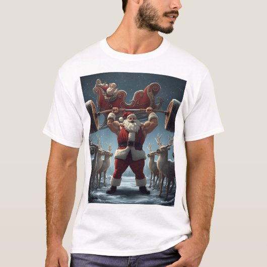 Muscular Santa Lifting Reindeer – Funny Christmas  Tシャツ (正面)