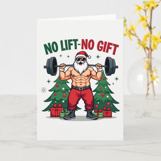 Muscular Santa Lifting Weights No Gift Gym カード (黄色い花)