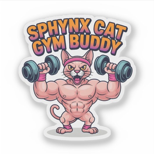Muscular Sphynx Cat Gym Buddy Cartoon シール (正面)