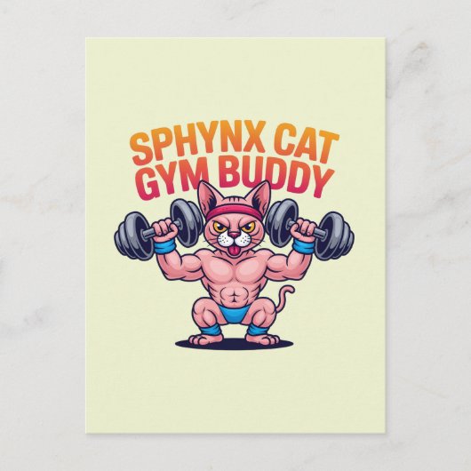 Muscular Sphynx Cat Gym Buddy Cartoon ポストカード (正面)