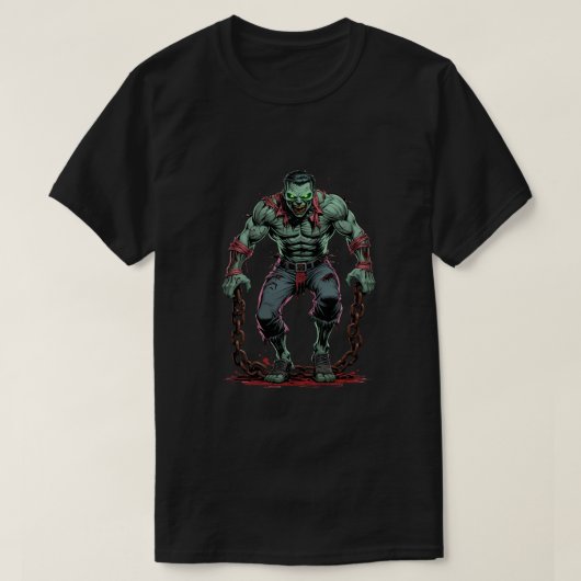 Muscular Zombie with Chains – Horror T-Shirt Desig Tシャツ (デザイン正面)