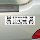 "Musher"のマラミュートおよびハスキーなそり犬 バンパーステッカー (車上)