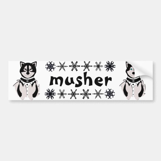 "Musher"のマラミュートおよびハスキーなそり犬 バンパーステッカー (正面)