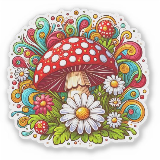 Mushroom Amid Vibrant Outdoor Flowers シール (正面)
