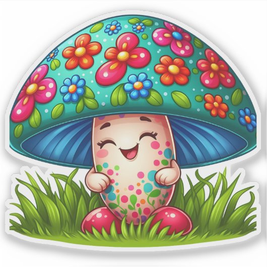 Mushroom Character With Flowers and Grass シール (正面)