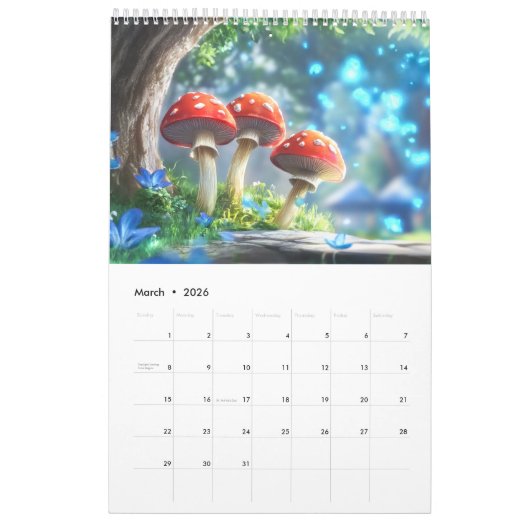 Mushroom Forest Fantasy Art Calendar カレンダー (3月 2026)