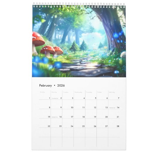 Mushroom Forest Fantasy Art Calendar カレンダー (2月 2026)