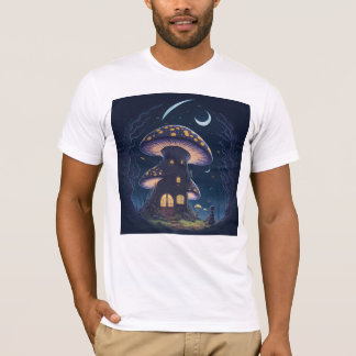 Mushroom House Under a Crescent Moon   Tシャツ