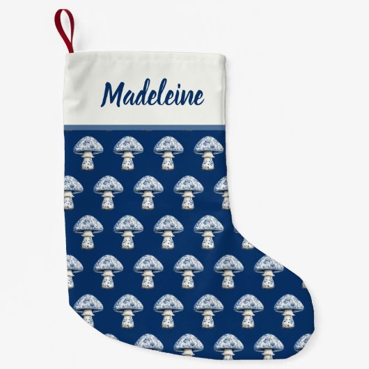 Mushroom Pattern in Cute Navy and Blue Chinoiserie スモールクリスマスストッキング (正面)
