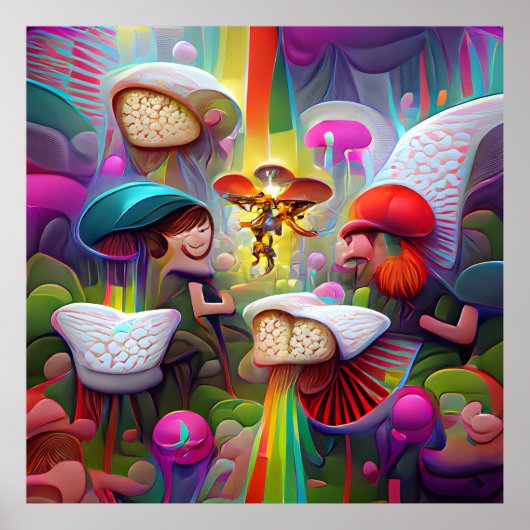 Mushrooms and fairies cartoon artwork ポスター (正面)