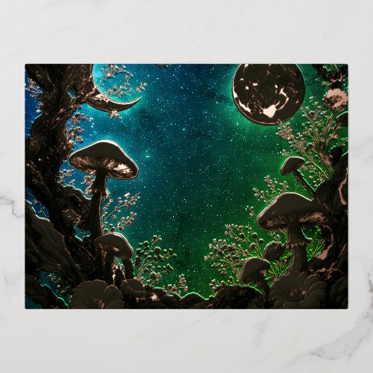 Mushrooms and Moons Teal Blue Fairycore 箔シーズンポストカード (正面)
