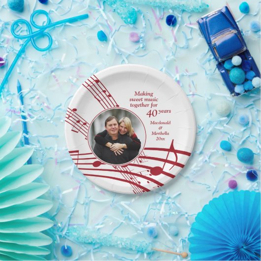 MUSIC モダン Photo 40th Rubyの結婚記念日 ペーパープレート (パーティー)