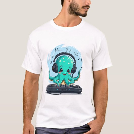 Music Boy, Happy Octopus DJ Tシャツ，パーティー Tシャツ (正面)