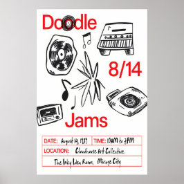 Music Doodle Art Print Retro Vinyl, Cassette ポスター