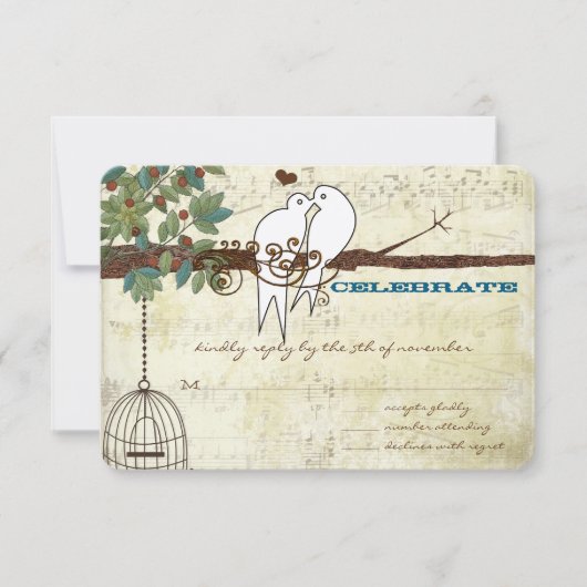 Music Dove Lovebird Siing In a Tree Wedding RSVP (正面)