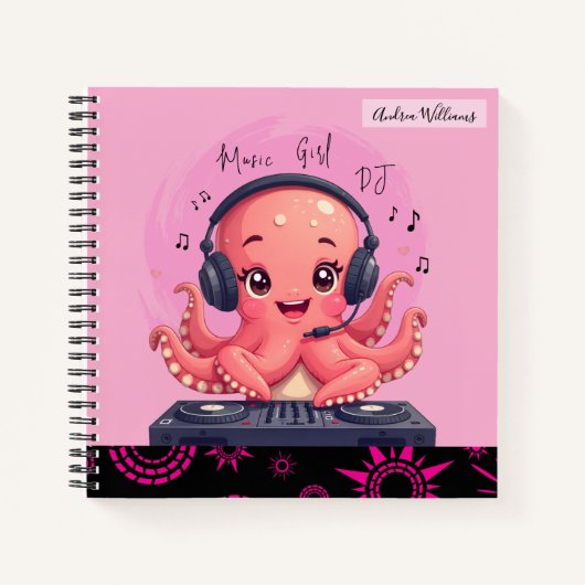 Music Girl, Happy Chick Smiling Octopus DJ ノートブック (正面)