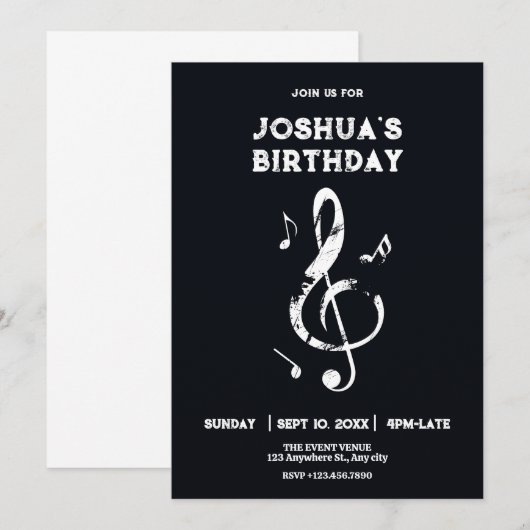 Music harmony black and white birthday 招待状 (正面/裏面)