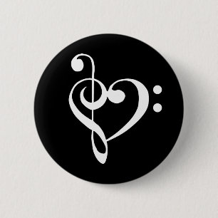 Music Heart Treble Bass Clef Heart - Plain White 缶バッジ