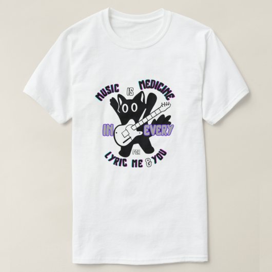 Music Is Medicine – かわいい猫ギターデザイン Tシャツ (デザイン正面)