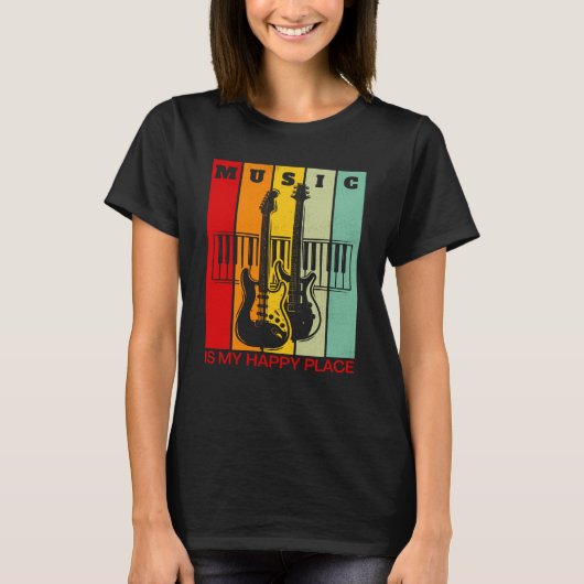 Music is My Happy Place Music Guitar Keyboards Pia Tシャツ (正面)