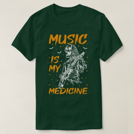 Music Is My Medicine Skeleton Playing Guitar Hallo Tシャツ (デザイン正面)