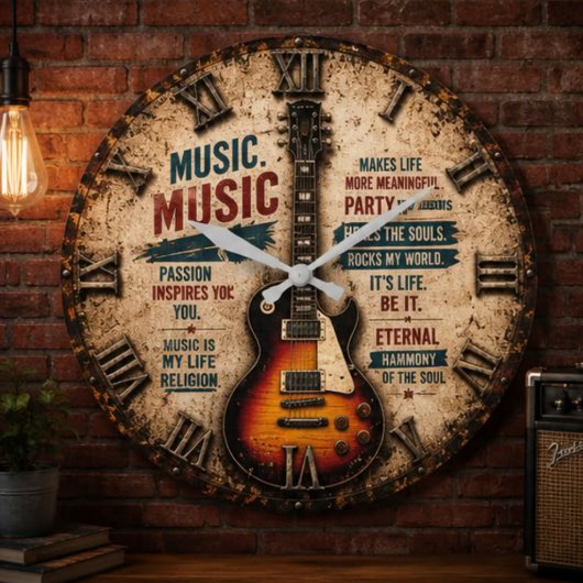 Music Lover Electric Guitar Inspirational Decor ラージ壁時計