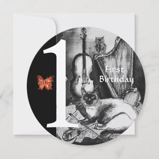 MUSIC MAKING CAT FIRST BIRTHDAY PARTY,白黒 招待状 (正面)
