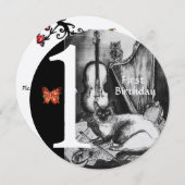 MUSIC MAKING CAT FIRST BIRTHDAY PARTY,白黒 招待状 (正面/裏面)