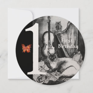 MUSIC MAKING CAT FIRST BIRTHDAY PARTY,白黒 招待状