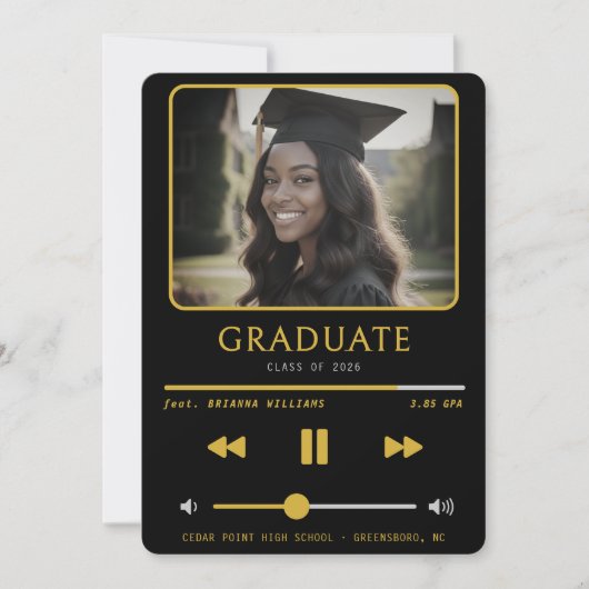 Music MP3 Player Black & Gold Graduation 案内状 (正面)