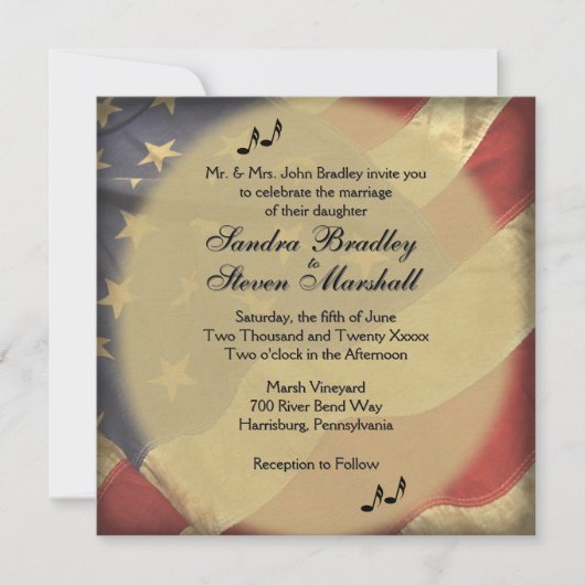 Music on Distressed American Flag Theme Wedding 招待状 (正面)