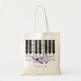 music piano purple floral name トートバッグ