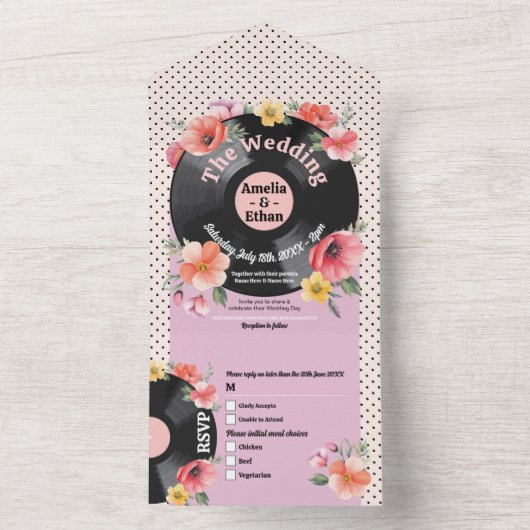 Music Record結婚のフローラ1950年代の花 オールインワン招待状 (内側)