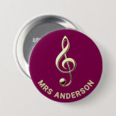 Music Teacher Treble Clef Burgundy ID Badge 缶バッジ (正面&裏面)