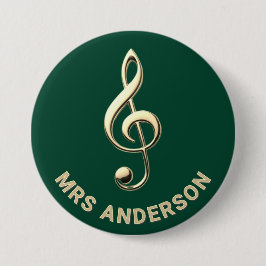 Music Teacher Treble Clef Green Personalized Name 缶バッジ