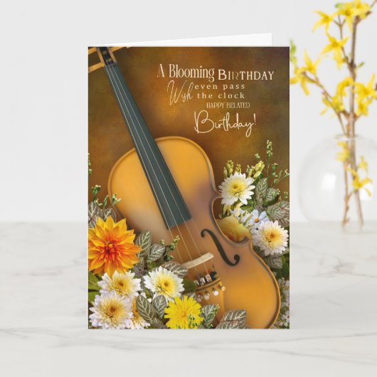 Music Theme Belated Birthday Card – Violin カード (黄色い花)