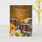 Music Theme Belated Birthday Card with Drum Set カード (黄色い花)