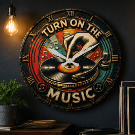 Music Vintage Turntable Vinyl Record Player ラージ壁時計