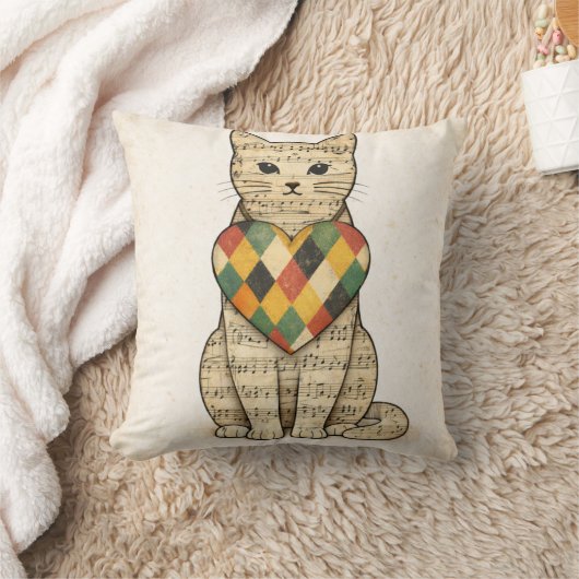 Musical Cat Collage with Harlequin Heart クッション (ブランケット)