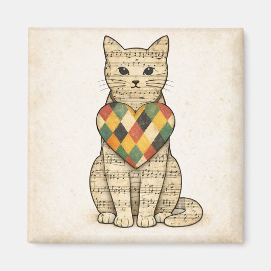 Musical Cat Collage with Harlequin Heart マグネット (正面)