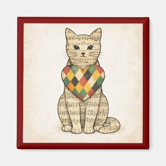 Musical Cat Collage with Harlequin Heart Magnet マグネット (正面)