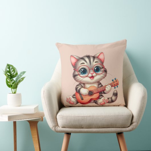 Musical Cat Funny Clipart Throw Pillow for Kids クッション (椅子)