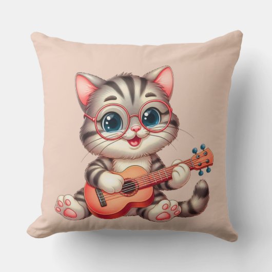 Musical Cat Funny Clipart Throw Pillow for Kids クッション (正面)