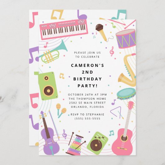 Musical Instrument Birthday Party  招待状 (正面/裏面)