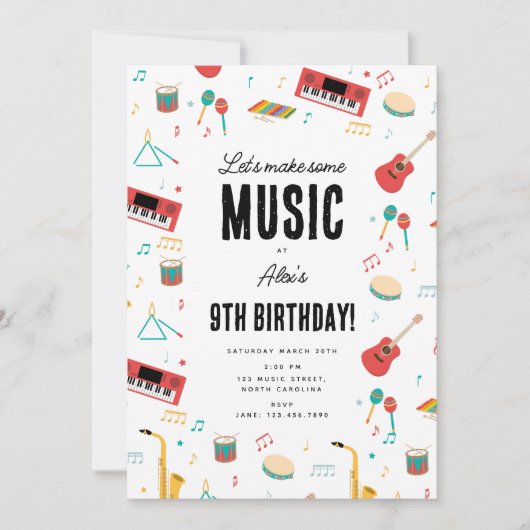 Musical Instruments Music Theme Birthday Party 招待状 (正面)