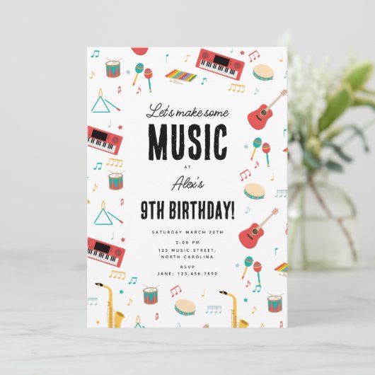 Musical Instruments Music Theme Birthday Party 招待状 (スタンド正面)